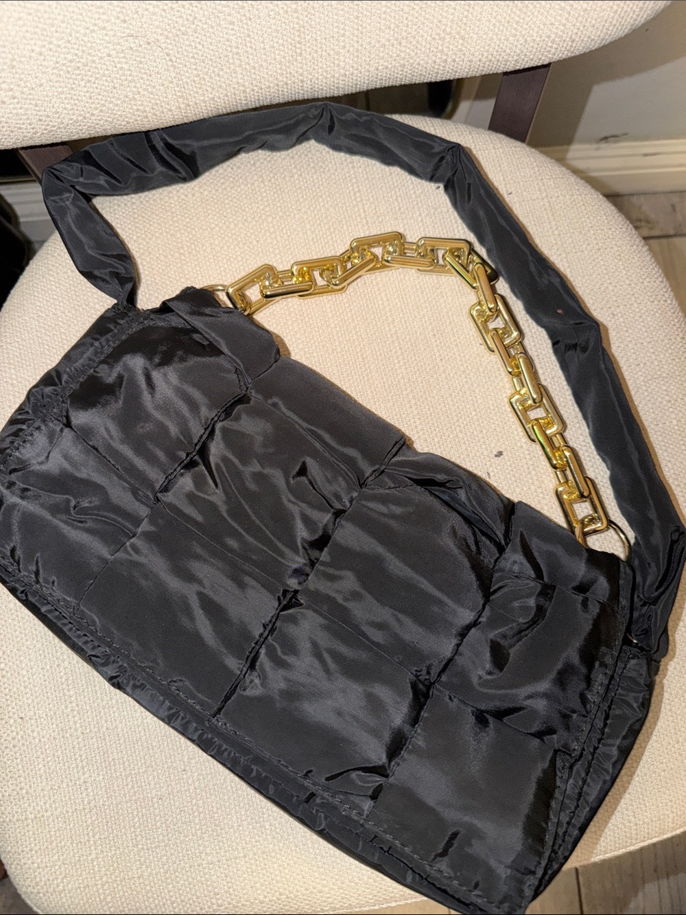 Steve Madden Black Nylon Shoulder Bag with Gold Chain Accent